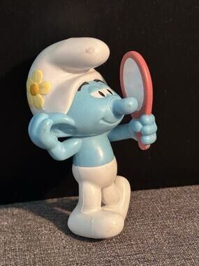 The Smurfs Vanity Smurf Figure Holding Mirror 4" Blue Cartoon Toy Figurine